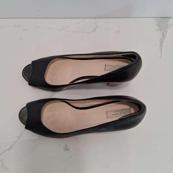 Cole Haan Women Open Toe Pumps Leather 2.5 Inch Brown Block Heel Black Size-8.5B - Picture 3 of 9